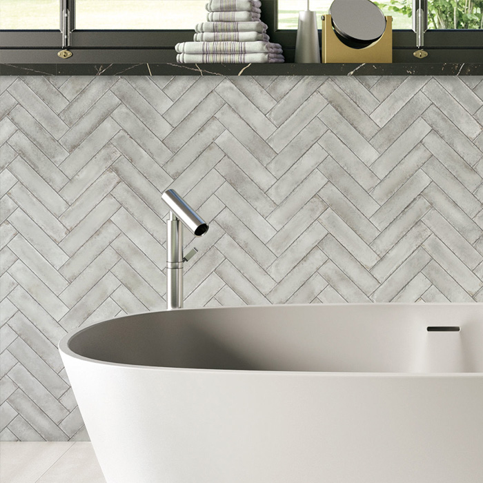 Herringbone Camden cloud grey metro tiles